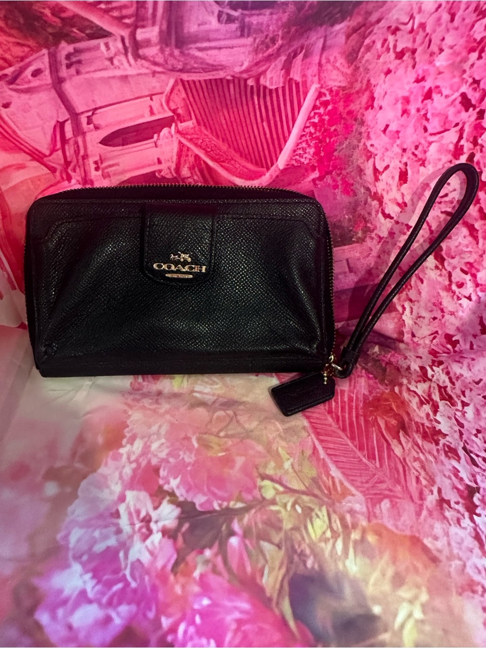 Coach Black Leather Wristlet Clutch with Gold Logo